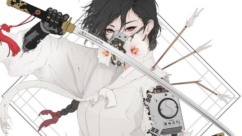 artwork, Park JunKyu, weapon, 1080P, Science Fiction Women, cyborg, dark hair, sword, red eyes, ArtStation