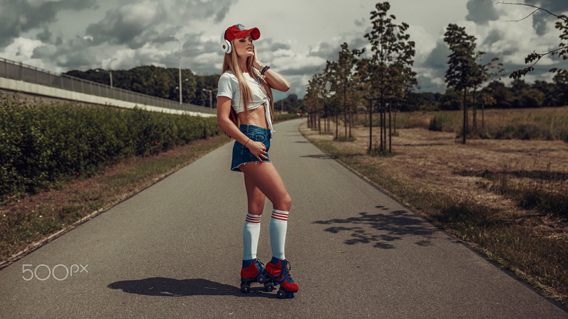 hand on face, 500px, sky, road, rollerskates, tree, casual clothing, day, Damian Piórko, 1080P, outdoors, jean shorts, long hair, lifestyles, full length