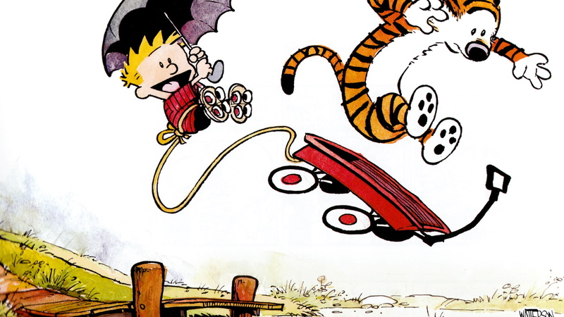 1080P, umbrella, x, art, umbrellas, calvin and hobbes, rollerskates, calvin, ropes, hobbes, jumping, hd