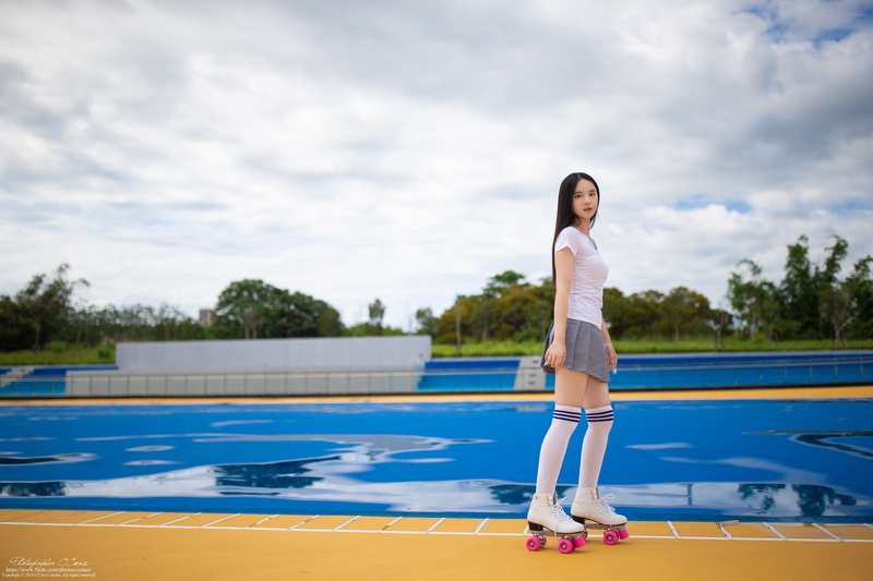 school uniform, model, shirt, brunette, long hair, 5K, Asian, knee high socks, skirt, rollerskates, women