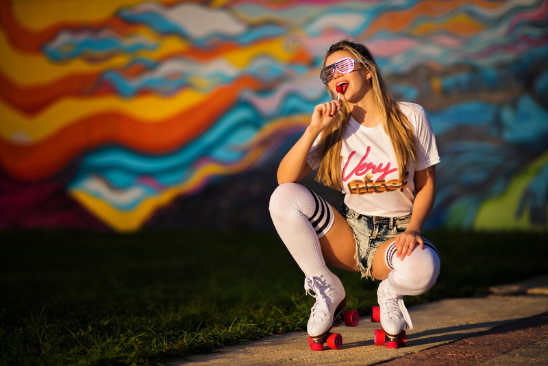 long hair, face, fashion, creativity, roller, women, legs, one person, hairstyle, glasses, skates, beautiful woman, full length, hair, candy, summer, white