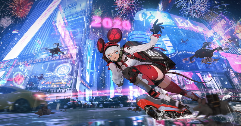 mouse girls, roller skates, blue eyes, city lights, fireworks, anime girls, anime, 1080P, mouse ears, rain, drone, white hair