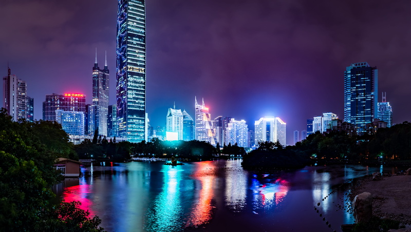 city, architecture, skyscraper, sky, building, cityscape, built structure, office building exterior, waterfront, illuminated, office, shenzhen, night, building exterior
