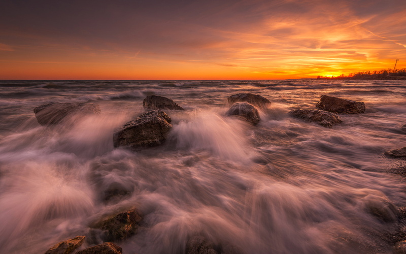 waves, ontario, 4K, canada, clouds, beach, pickering, rocks, red, squires, desktop, sunset, sky, city, hd