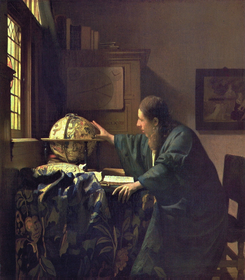 table, painting, 1080P, men, astronomy, people, artwork, chair, sitting, classic art, Johannes Vermeer, globe