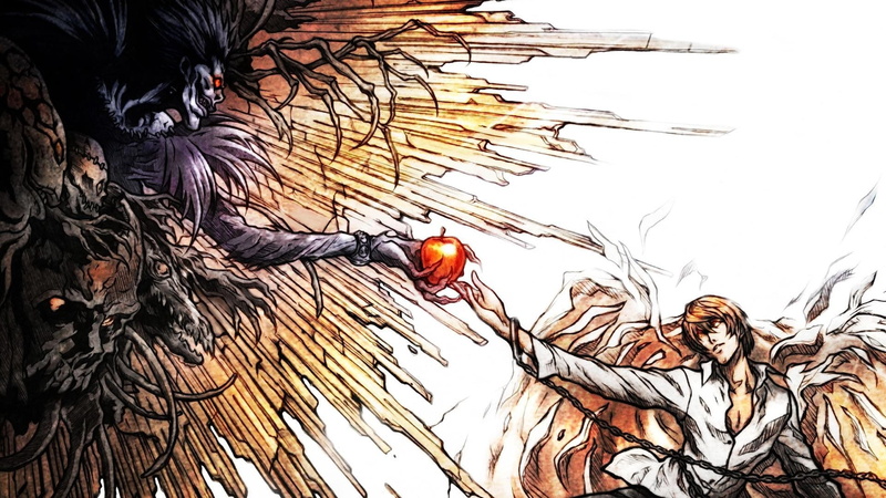 Ryu, anime, artwork, 1080P, death, yagami, light, note, death note, hd, ryuk, apples, art