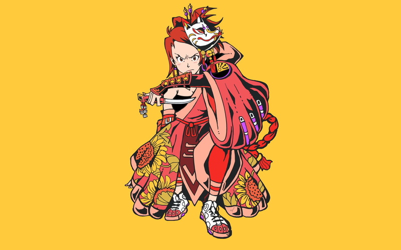 Fuu (Samurai Champloo), 1080P, Samurai Champloo, yellow background, illustration