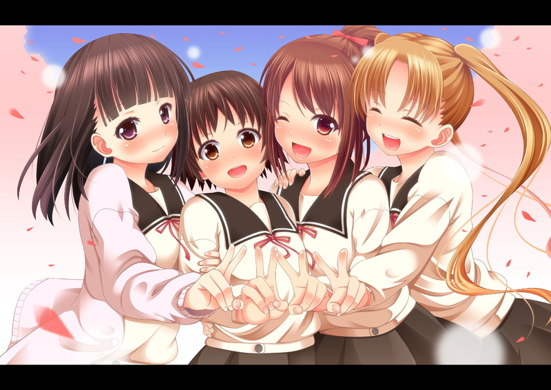 brown, okazaki, norie, blush, kaoru, short, maon, hanawa, eyes, sawatari, sakurada, twintails, seifuku, petals, hair, wink, fuu, tamayura, 720P, bow