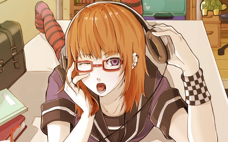720P, hair, anime girls, anime, original characters, characters, girls, glasses, orange, original, headphones, orange hair, 1680x1050