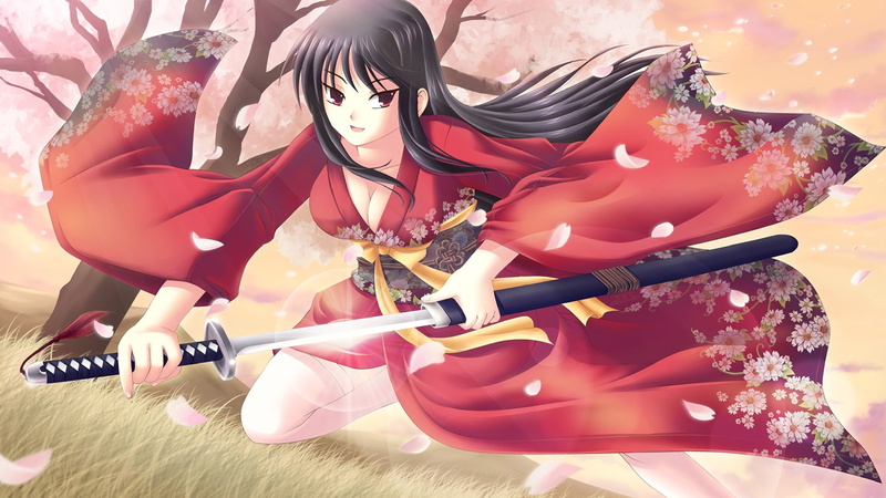 manga, Flowers, brunettes, hair, Trees, petals, 1080P, japanes, anime, flower, art, blade, nature, Katana, Sakura, long, kimono, hd, grass