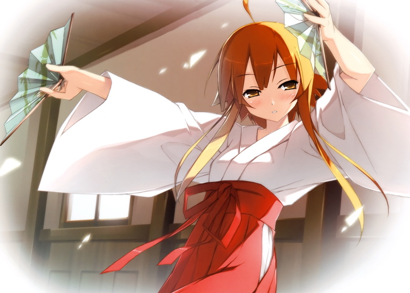 anime, poly, soukai, long, miko, eyes, orange, orange eyes, architecture, long hair, clothes, houses, shinkyoku, hd, Ribbons, 4K, girls, hair, art, blondes