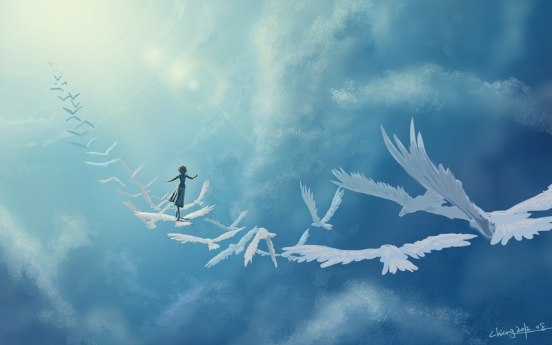 cloud - sky, nature, 1080P, white color, outdoors, one person, sign, birds, sky, flock, flying, low angle view, day, mid-air, bird, fantasy art, digital composite