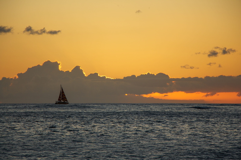 tropical, island, hues, belief, tranquil scene, white, religion, pacific, horizon over water, 5K, no people, orange, landscape, blue, spirituality, sail boat