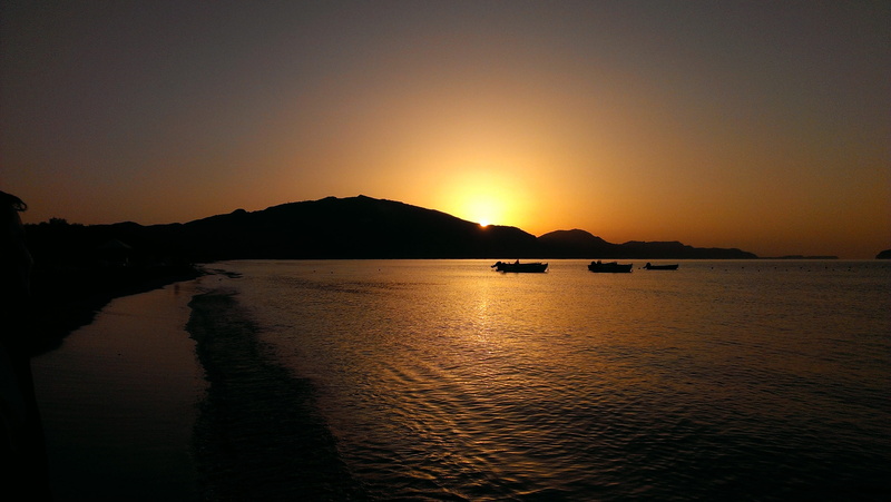 scenics - nature, water, mountain, sunrise, dusk, beauty In Nature, sunrise - Dawn, coastline, Zante, Sunset, boat, 2K, tranquility, island, outdoors