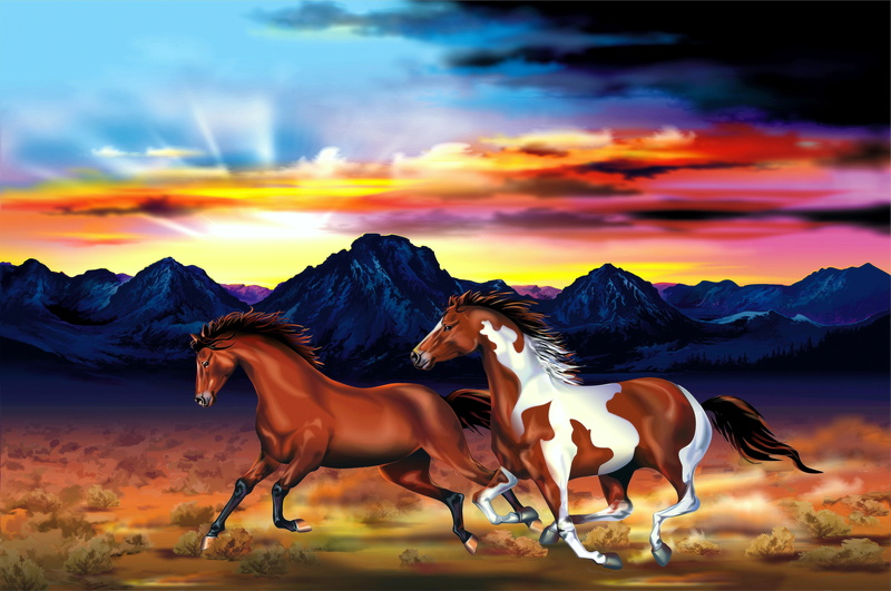 tranquility, the sky, glow, two, running, animal wildlife, mountain range, horse, mountain peak, scenics - nature, sky, mountains, mountain
