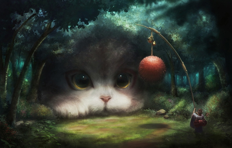 Cat, feline, fantasy art, girl, forest, animal, ball, clear, 1080P, kimono, muzzle, situation, game, digital art, lillipuzian, fantasy, eyes, artwork