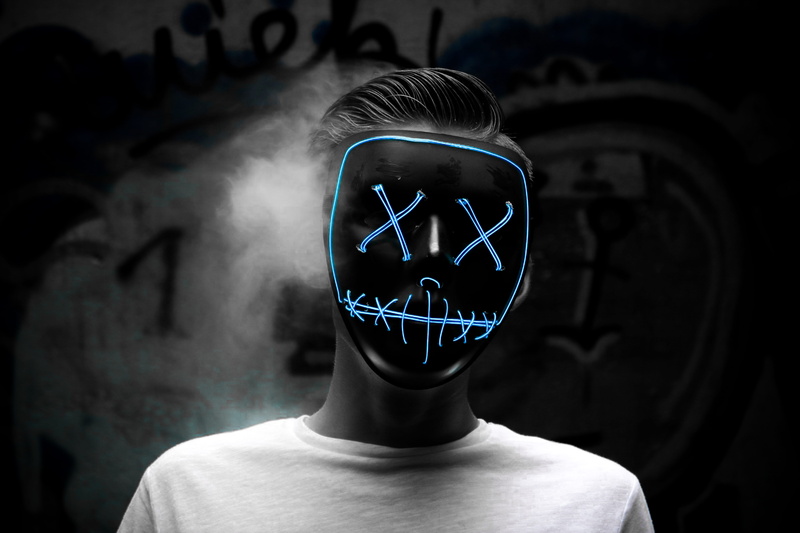 communication, mask, photo, portrait, unrecognizable person, teenager, one person, obscured face, person, front view, black and white, man, focus on foreground
