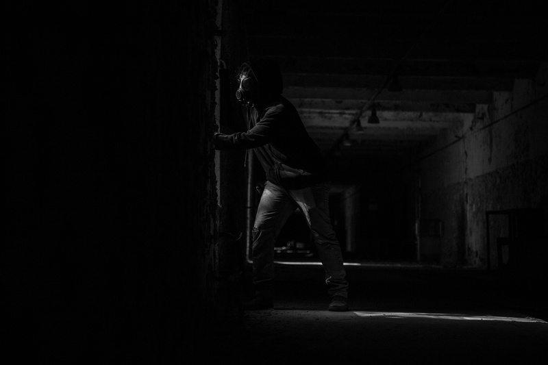 inside, eerie, casual clothing, full length, black and white, person, young adult, indoors, male, Chernobyl, room, architecture, wall - building feature
