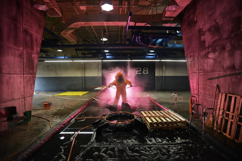 full length, track, illuminated, ceiling, railroad track, transportation, training, women, biohazard, exercise, safety, adult, young adult, indoors, architecture