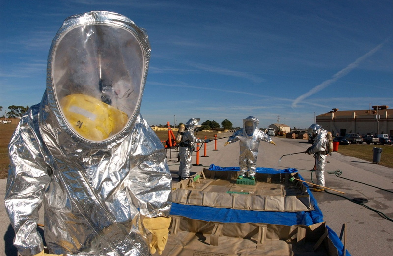 sky, tacker, chemical, metal, rescue, disaster, radiation, safety, blue, close-up, silver colored, outdoors, road, people, 1080P, reflection, hazmat suit