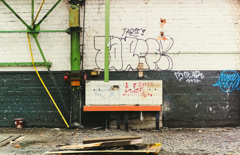 construction work, city, building, collapse, demolished, western script, bathroom sink, building rubble, day, 4K, industrial building, lapsed, graffiti