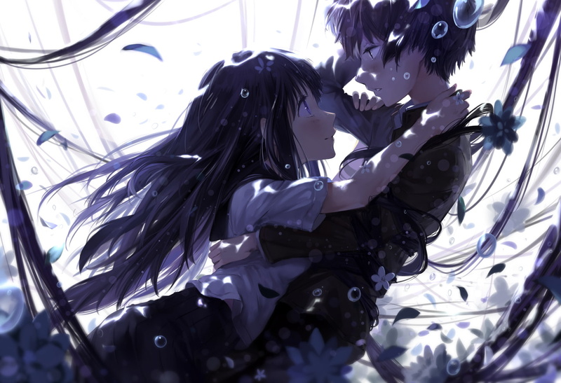 720P, houtarou, oreki, long, hair, flowers, tagme, petals, hyouka, black, chitanda, eru, cici, bubbles