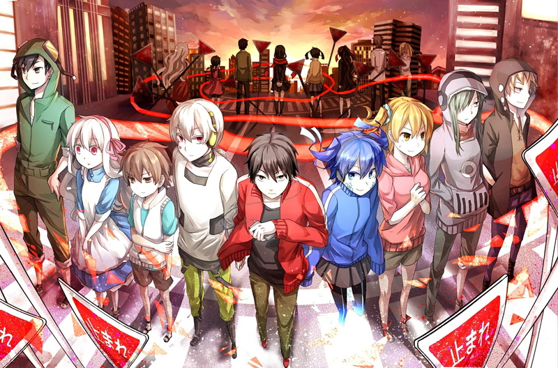 creativity, high angle view, kano shuuya, characters, kisaragi shintaro, anime, sale, consumerism, mannequin, people, signs, kokonose haruka, guys, seto kousuke