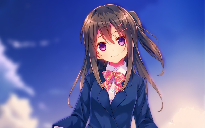 school uniform, smiling, long hair, sky, 1080P, anime girls