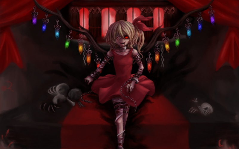 red dress, dark, anime girls, Touhou, dress, red eyes, blonde, anime, 1080P, glowing eyes, red, Flandre Scarlet