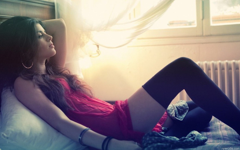 long hair, adult, wireless technology, domestic room, stockings, relaxation, technology, connection, lifestyles, red dress, young women, hairstyle, babydoll