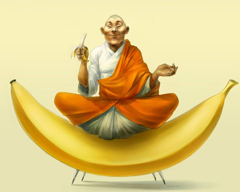 720P, monks, humor, digital art, bananas