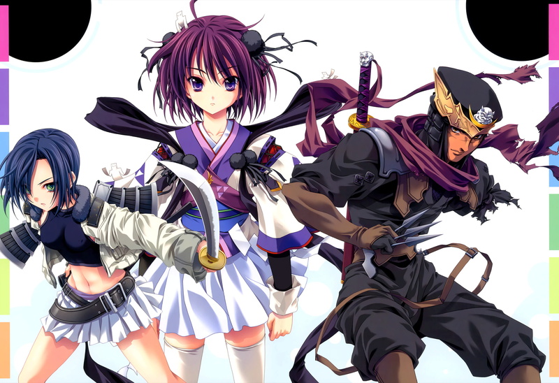 ran, hair, ninja, short, blue, scan, thighhighs, sword, purple, miyama zero, nanjou, 2K, sengoku, weapon, katana, rance