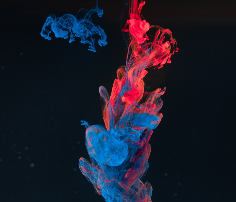 4K, paint, red, clots, abstract, blue, liquid