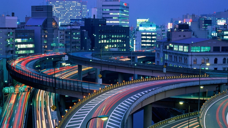 modern, 1080P, illuminated, transportation, no people, light trail, connection, long exposure, building exterior, cityscape, high angle view, Civilization