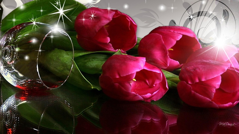 wine, glass, 3d and abstract, glow, shine, firefox persona, 1080P, flower, spring, spilled, stars, tulips