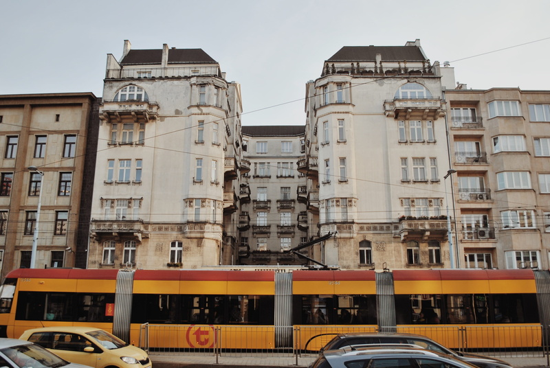 architecture, built structure, car, train, mode of transportation, apartment, street, transportation, high, motor vehicle, tram, warszawa, automobile, warsaw