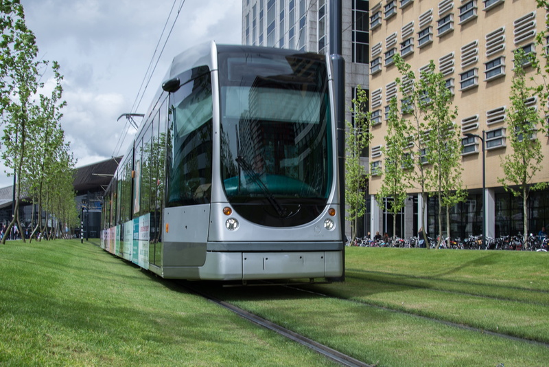 tree, europe, tram, cable car, rotterdam, mode of transportation, outdoors, built structure, day, electric, track, rail transportation, lawn, 2K, public transportation