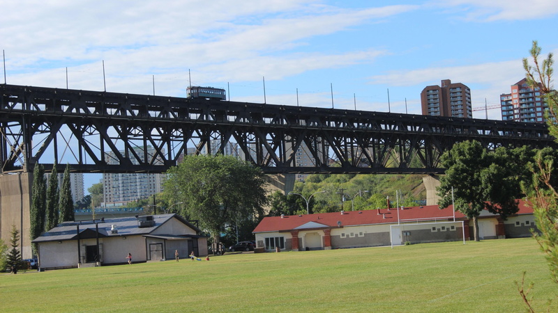 bridge - man made structure, railway, cloud - sky, urban, building, canada, sky, alberta, high level bridge, day, grass, tree, nature, city, river, north saskatchewan