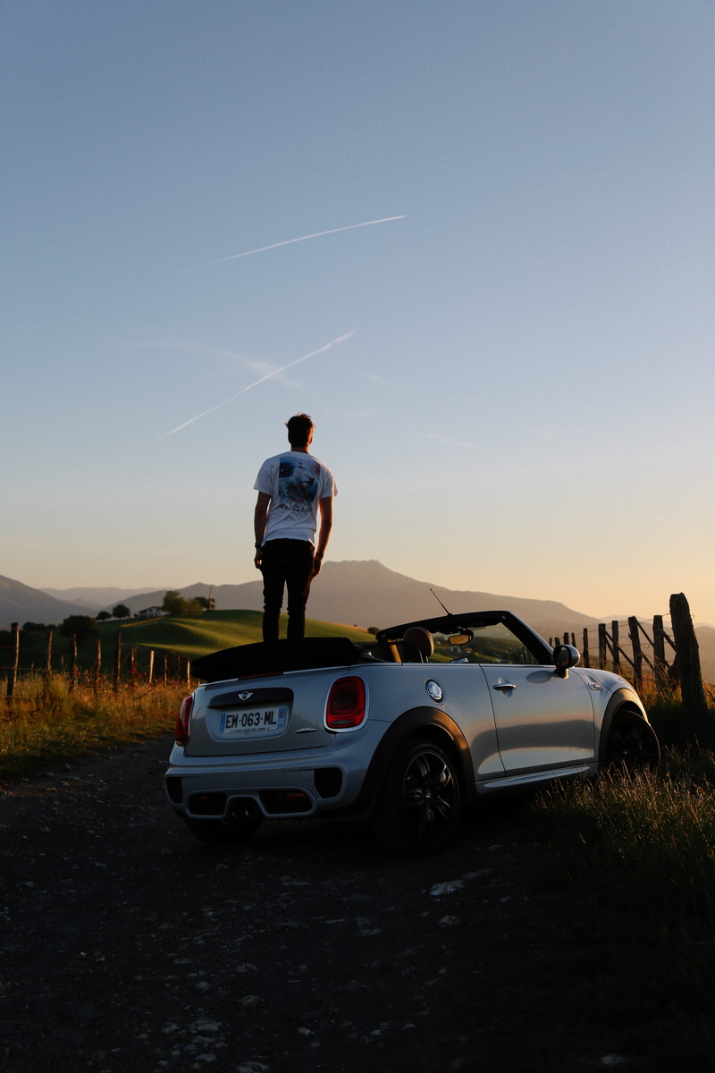 rhune, car, clear sky, sunrise, sunset, friends, traver, motor vehicle, men, mini, la rhune, land, outdoors, landscape, voiture, grass, vsco, copy space