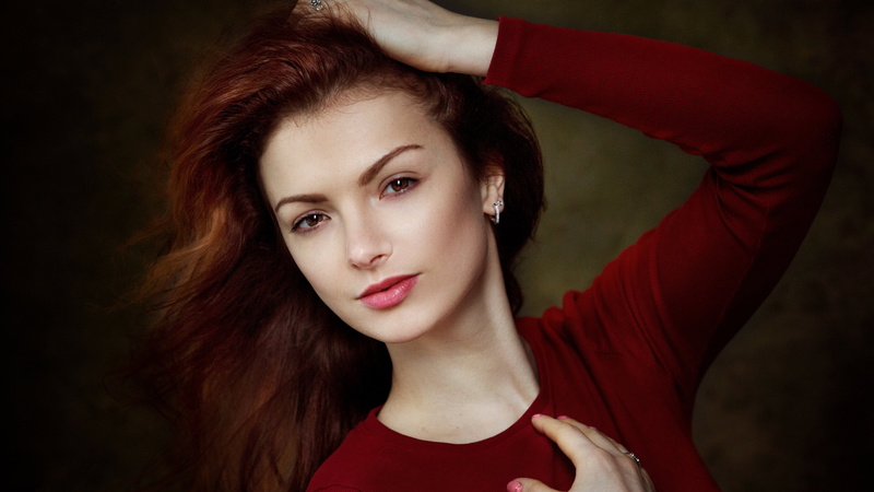 front view, contemplation, 4K, women, red, dyed red hair, fashion, glamour, beautiful people, black background, redhead, hair, looking at camera, beauty