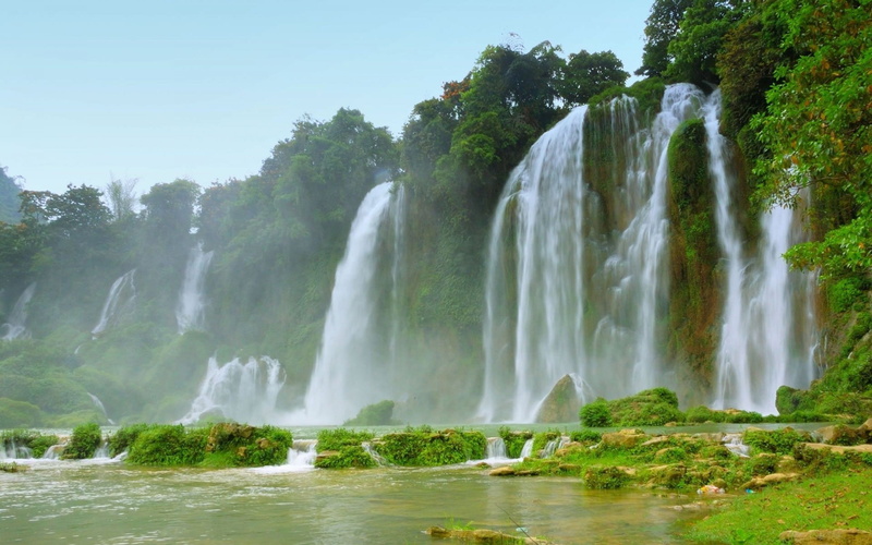 river, summer, greens, background, grass, 2K, hd, ultra, waterfall, k