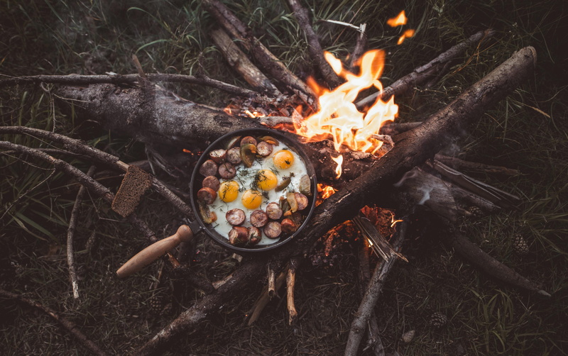 food, branches, fire, camping, 4k ultra hd, 5K, nature, fried eggs, pine cones, sticks, bonfire, background, logs