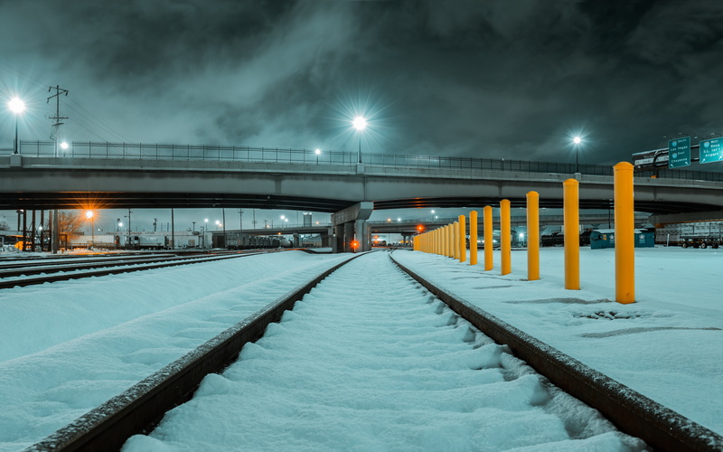 winter, 4K, night, 4k ultra hd background, city, USA, clouds, Utah, lights, snow, " Salt Lake City", train tracks, bridge, rails, railway, tracks