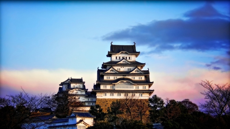building exterior, sky, architecture, cloud - sky, Sunrise, tree, city, no people, sunset, clock, history, Himeji Castle, travel destinations, plant, nature