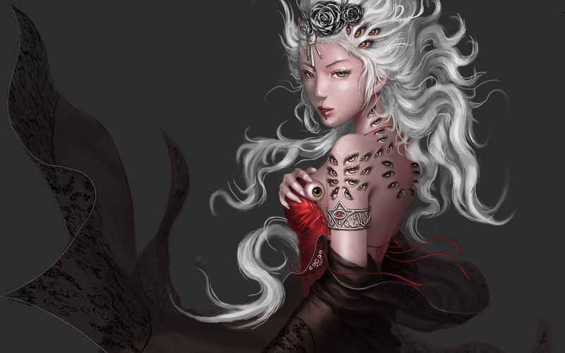 gown, sensual, creepy, Goddess, face, Oriental, art, digital, babes, Asian, hair, girl, occult, CG, fantasy, female, Dark, eyes, demon, sexy, Evil, dress