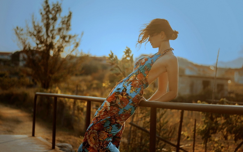 sensual, ariel, fence, women, style, redhead, sexy, mood, models, architecture, buildings, grass, houses, people, trees, adult, dress, soft, landscapes