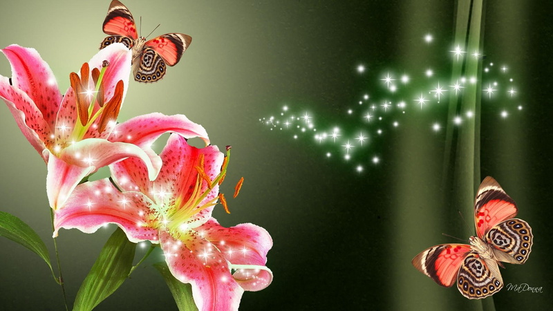 shine, spring, 1080P, stars, butterfli, lily, green, sparkle, glow, floral, pink, coral, summer, glitter, flowers