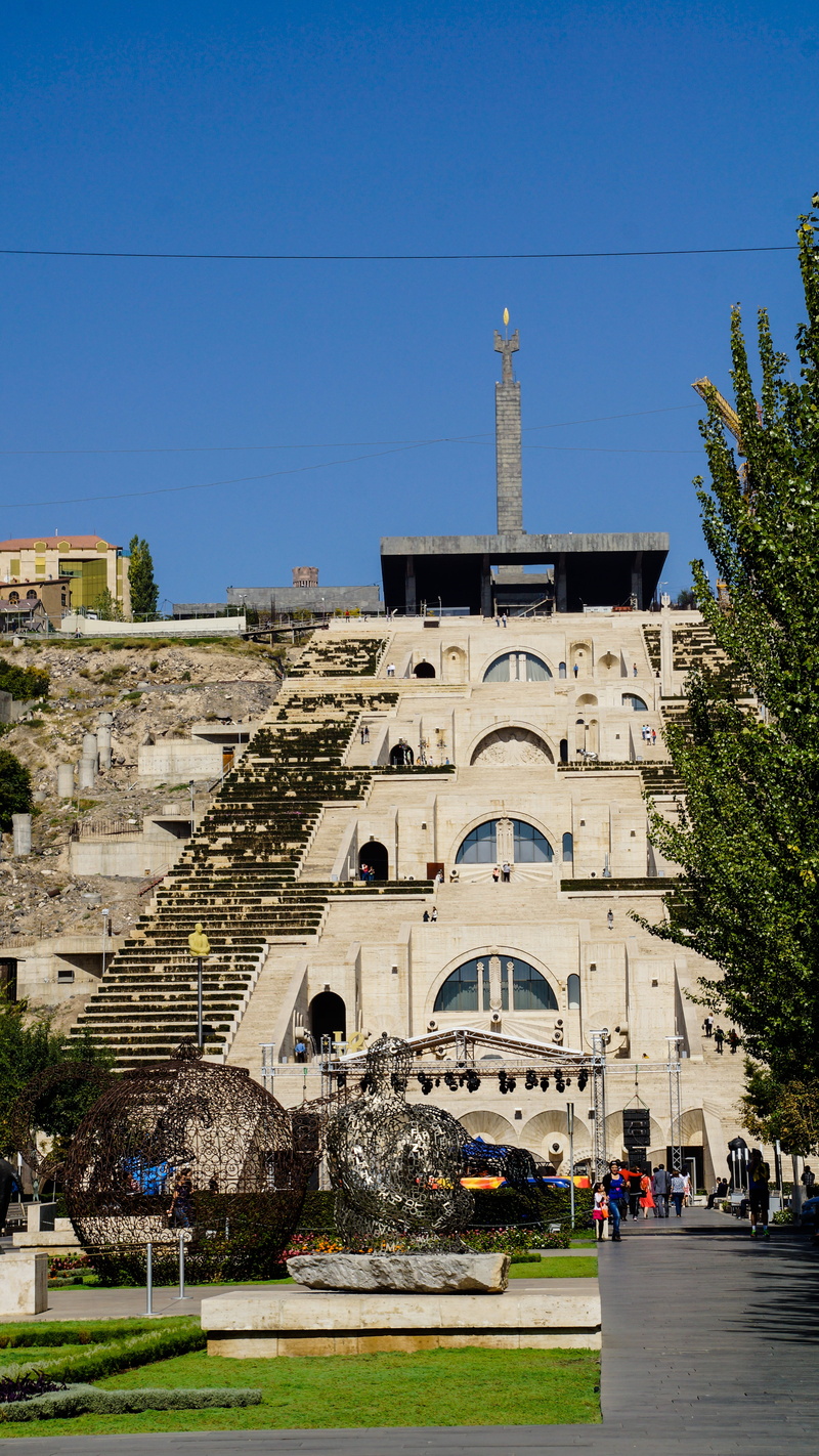 fountain, travel, plant, Yerevan, day, Cascade, Armenia, sky, building, travel destinations, outdoors, 5K, history, city, art, the past, group of people