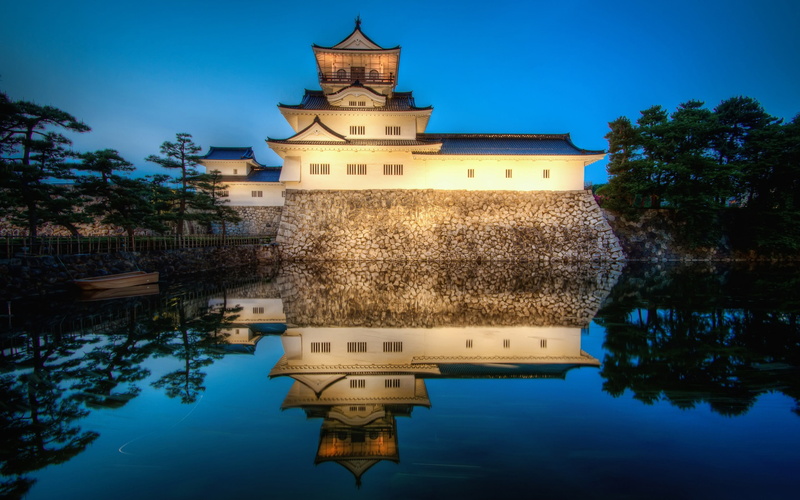 2K, Japan, reflection, Toyama Castle, castle, water, trees