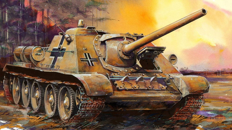 architecture, SAU, metal, Soviet self-propelled artillery, transportation, digital, SU-85, no people, fighting, tank, 1080P, land vehicle, cannon